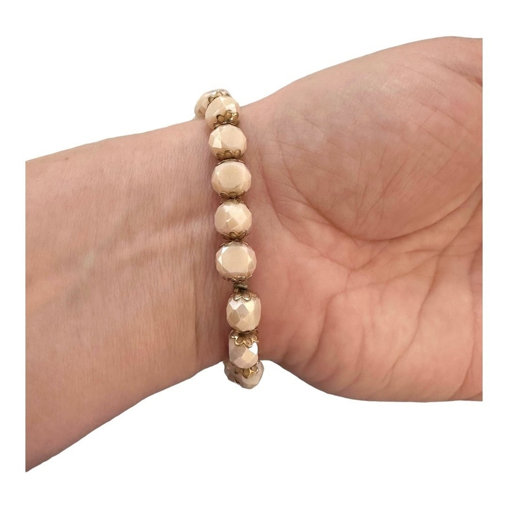 Gold Tone Faceted Champagne Crystal Beaded Elastic Bracelet Gift Pouch VG - Picture 4 of 4
